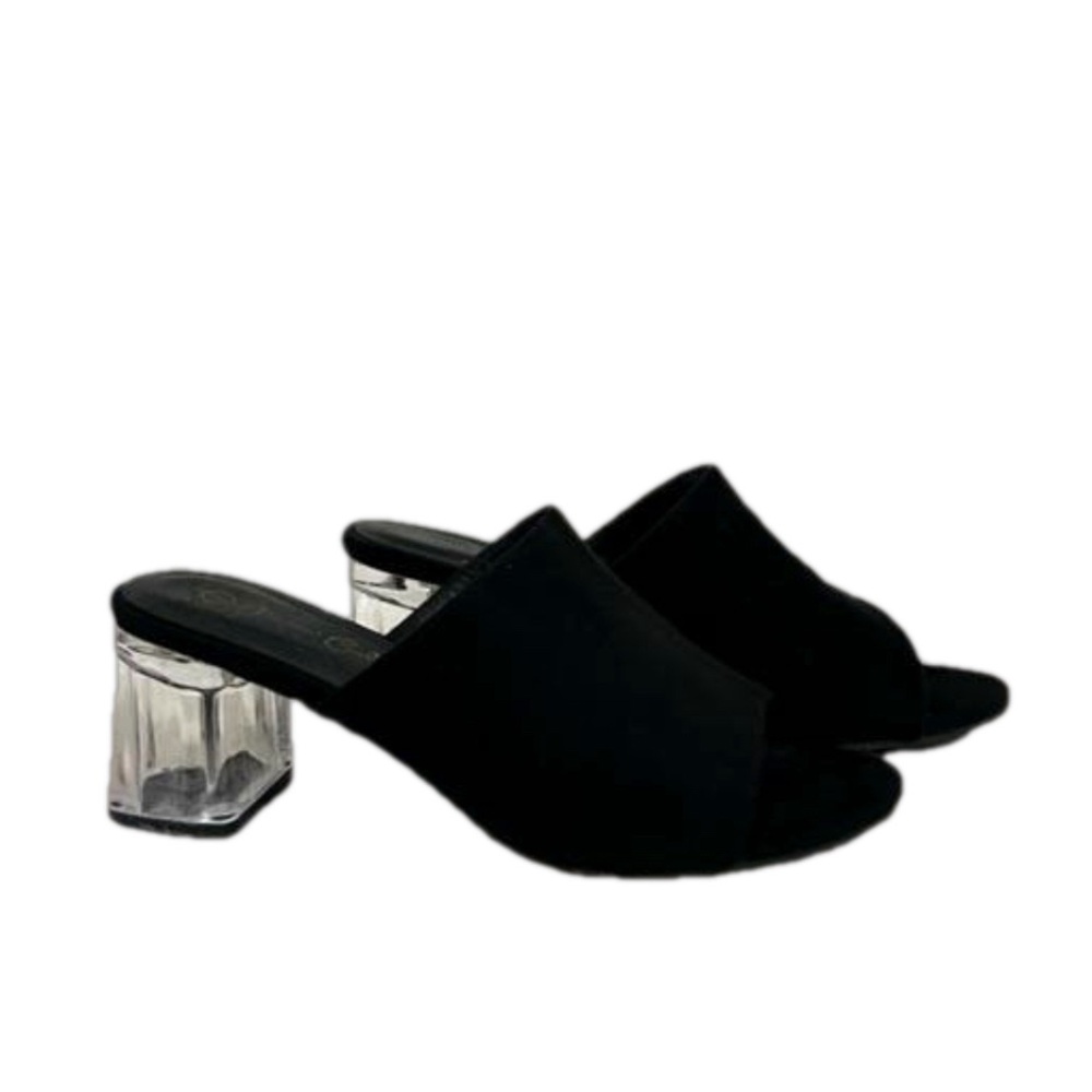 Jessica Carlyle Black Faux Suede Open Toe Mules with Acrylic Heel